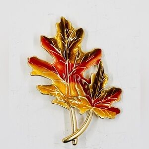 Vintage Gold Tone Fall Autumn Red Yellow Brown Enamel Leaf Brooch 3”X2.5”
